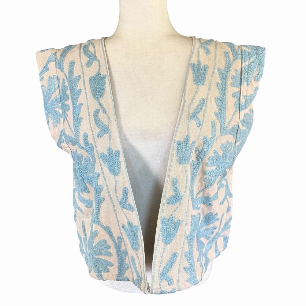 Marea By Liz Joy Light Blue Suzani Vest Embroidered S Bohemian Boho Hippy NWT